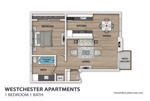 Floor plan for 1 bed, 1 bath, 750 sqft